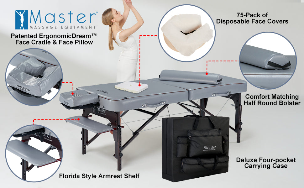 The Montour LX Portable Beauty Bed / Massage Table includes a deluxe package, which includes Master Innovated Ergonomic DreamTM adjustable face cradle, memory foam face cushion, 75-pack disposable face covers, comfort half round bolster, fully padded Florida Style stationary arm shelf, and a free four-pocket carrying case- making it easy to provide your clients with fully customized massage sessions.