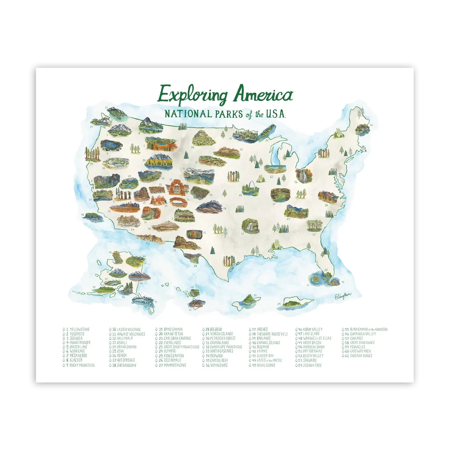 National Park Checklist 11 X 14 Map Print Neighborly   Americas National Park Map Print Illustration Erin Vaughan.webp