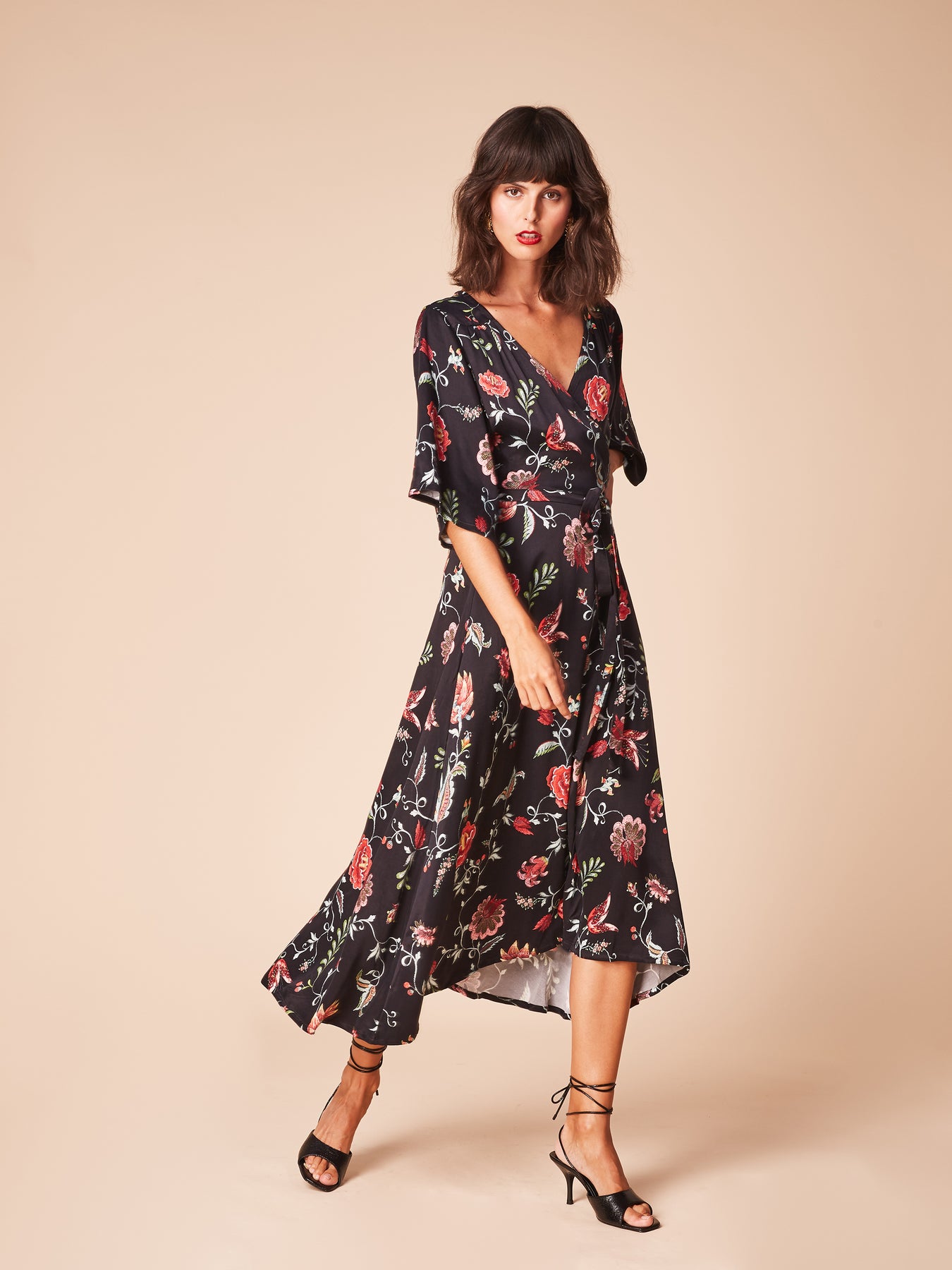 Shop Seraphine Midi Black Floral Kimono Sleeve Wrap Dress – SHE IS ...