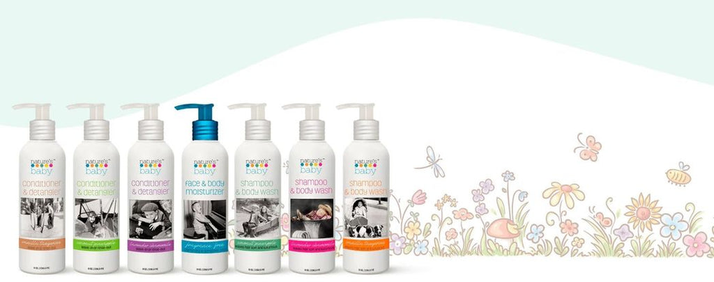 Nature's Baby Organics baby skin care products against a floral background.