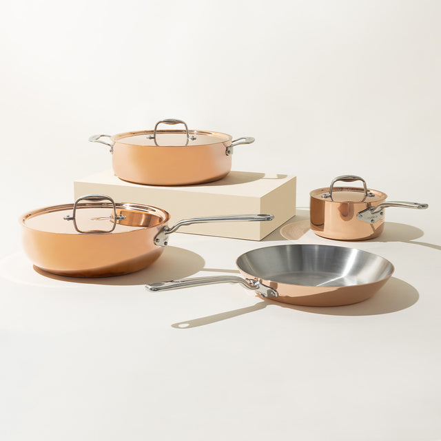 copper frying pan, rondeau, saucepan, and saucier