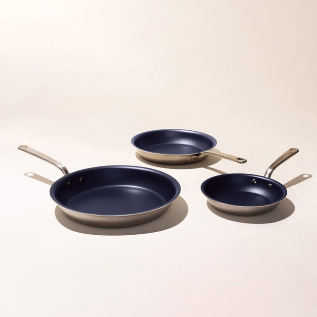 non stick frying pan 3 piece set harbour blue