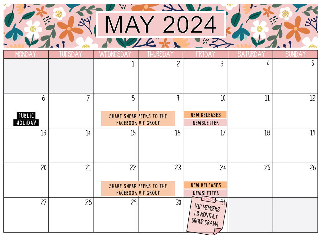 May's Calendar of Events for Mum an Me Handmade Designs