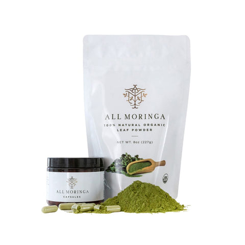 organic moringa leaf powder and capsules