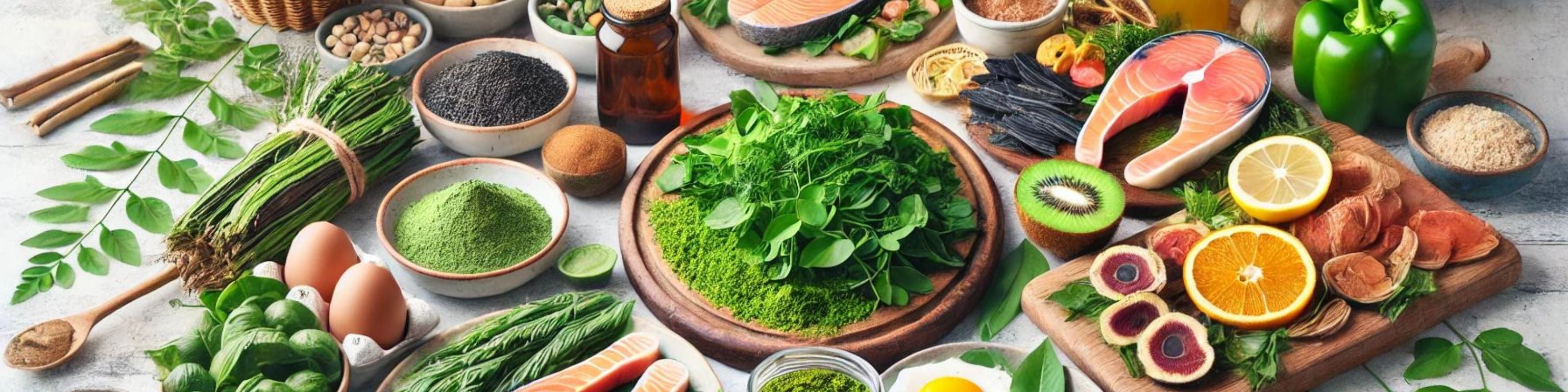 vibrant banner image featuring an assortment of nutrient-rich foods. They highlight fresh Moringa leaves, Moringa powder, grilled salmon, poached eggs, seaweed, and a variety of fresh fruits and vegetables, all set in a bright, natural kitchen