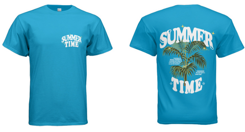 SUMMERTIME tee shirt inspired by the Ireland Boys  viral music video by the same name; SUMMERTIME. Features the SUMMERTIME logo on a tropical Blue high quality T-shirt