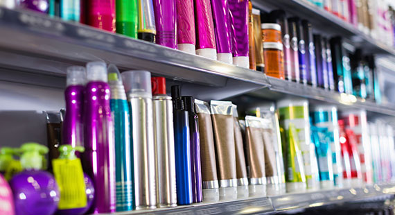 Shelves with hair care products