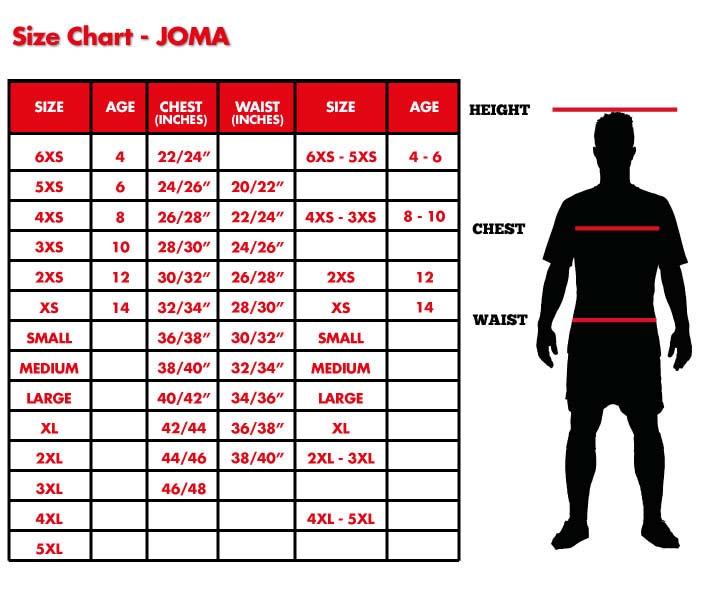 JOMA SIZE GUIDE – The Sports Shop & Custom Clothes
