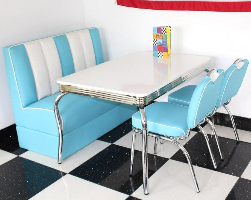 Blue Booth, 2 Chairs and White Four Legged Table – Just Americana