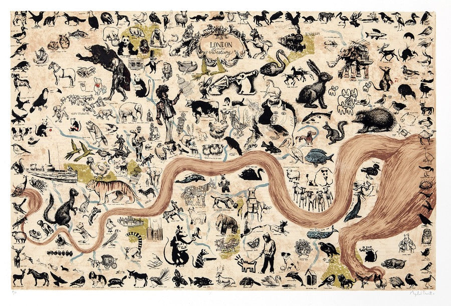 Buy limited edition print 'London Bestiary' by Mychael Barratt online at The Biscuit Factory. Image shows an original print of a map of London illustrated with various animals. A rat's tail runs through the centre to represent the River Thames.