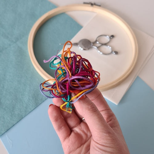 A photo of tangled embroidery thread being held in hands