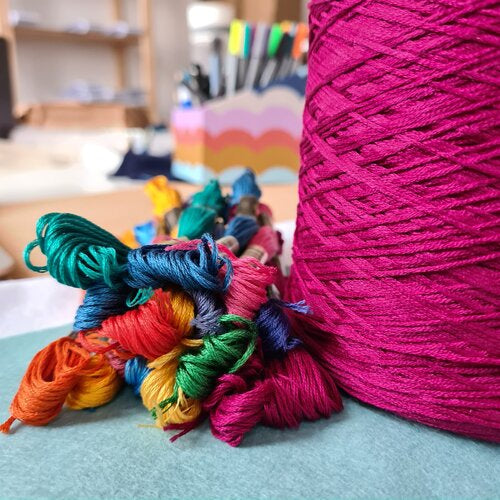 Embroidery floss skeins next to a cone