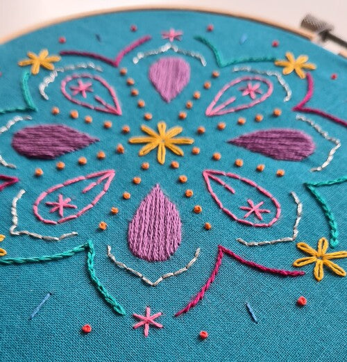 Photo of an embroidery sampler pattern on teal fabric