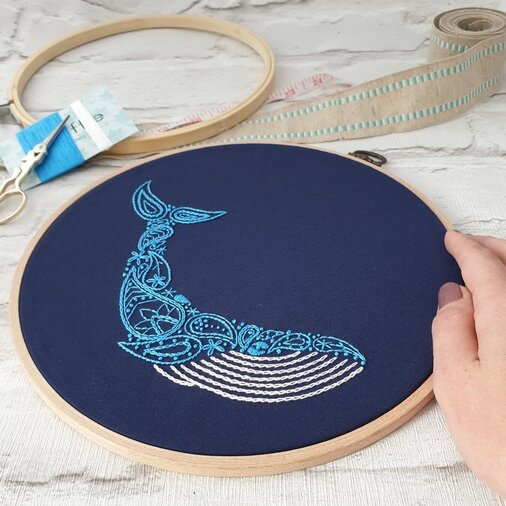 Photo of paraffle blue whale embroidery pattern on navy fabric