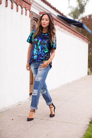 sequin top and jeans outfit