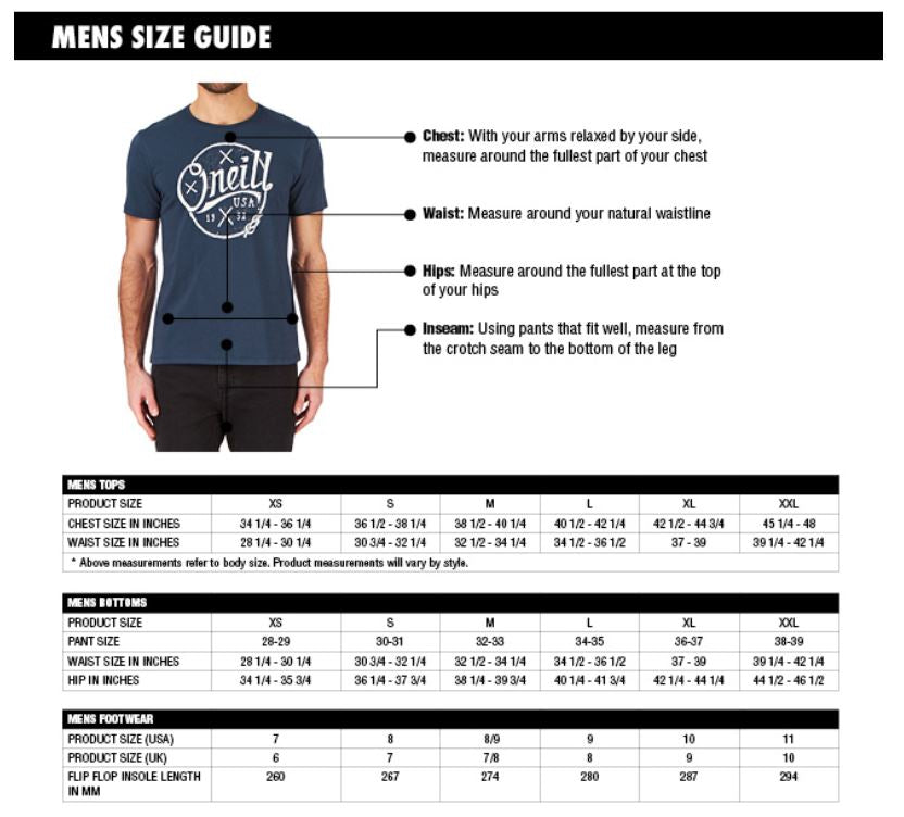 Oneill Mens Wetsuit Size Chart