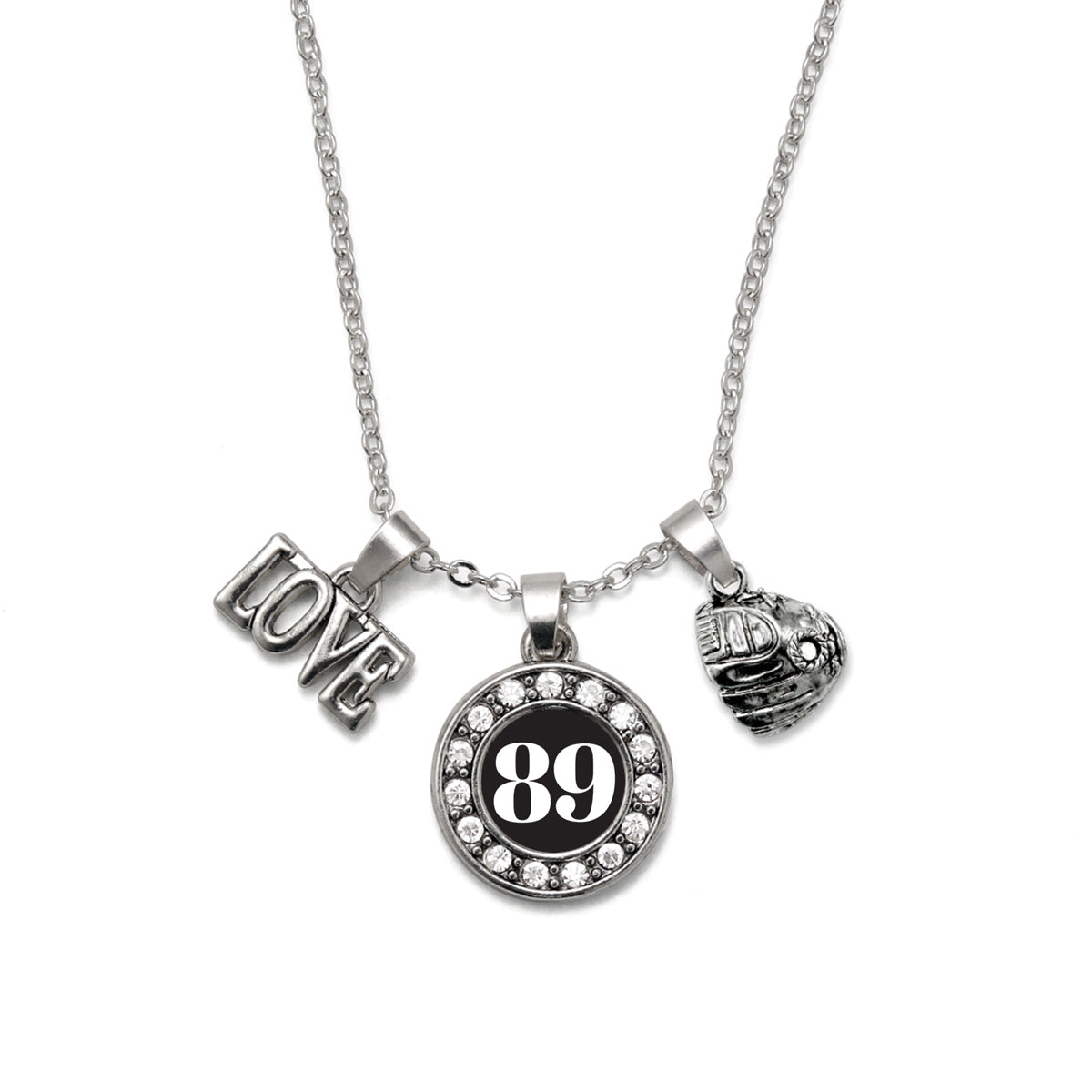 Silver Baseball Glove - Sports Number 89 Circle Charm Classic Necklace