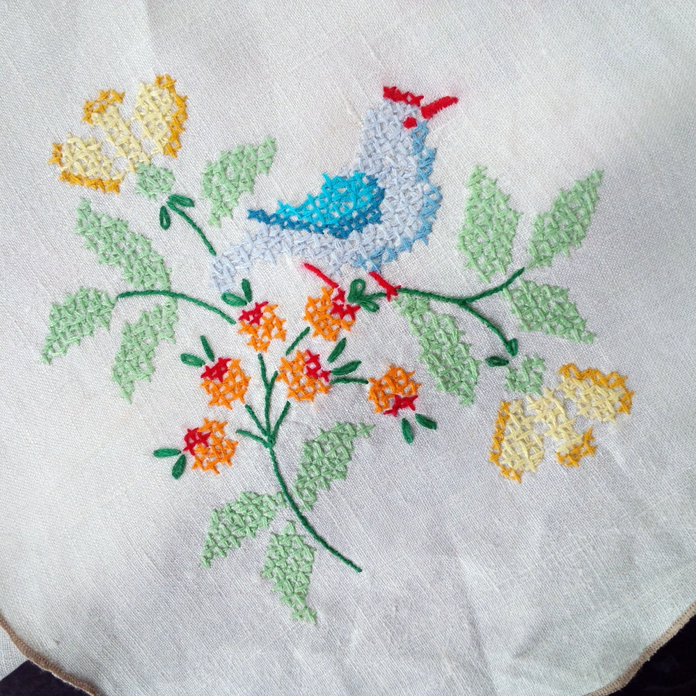 Vintage Cross-Stitch Embroidery Tablecloth - 48x48 Colorful Bluebirds ...