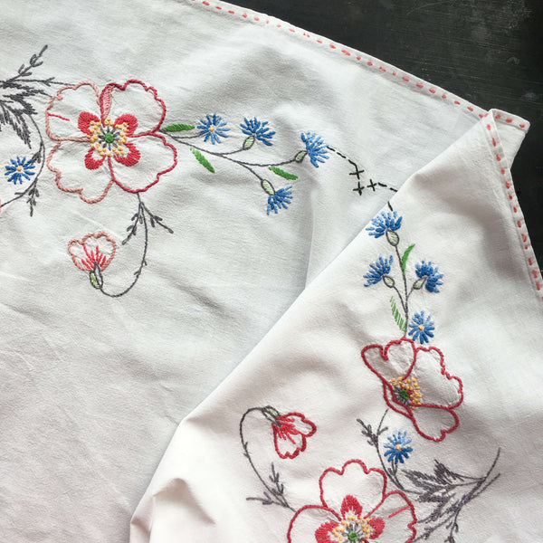 Vintage Embroidered Floral Table Cloth - 34x36 Hand Embroidered Red Bl ...