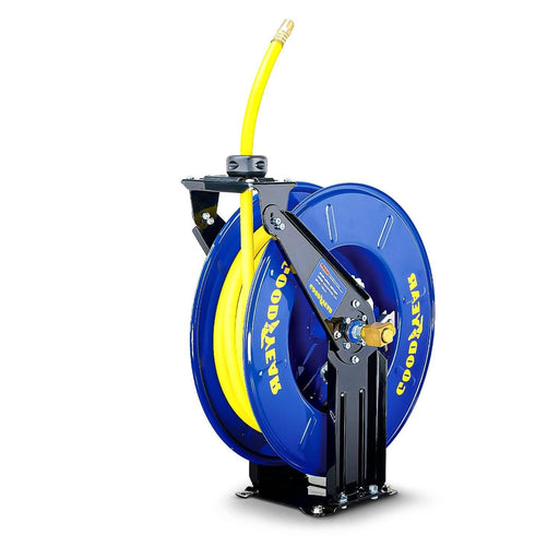 Goodyear Industrial Retractable Air Hose Reel - 3/8 x 50' Ft, 300 PSI Max, 1/4 NPT Connections, Dual Arm