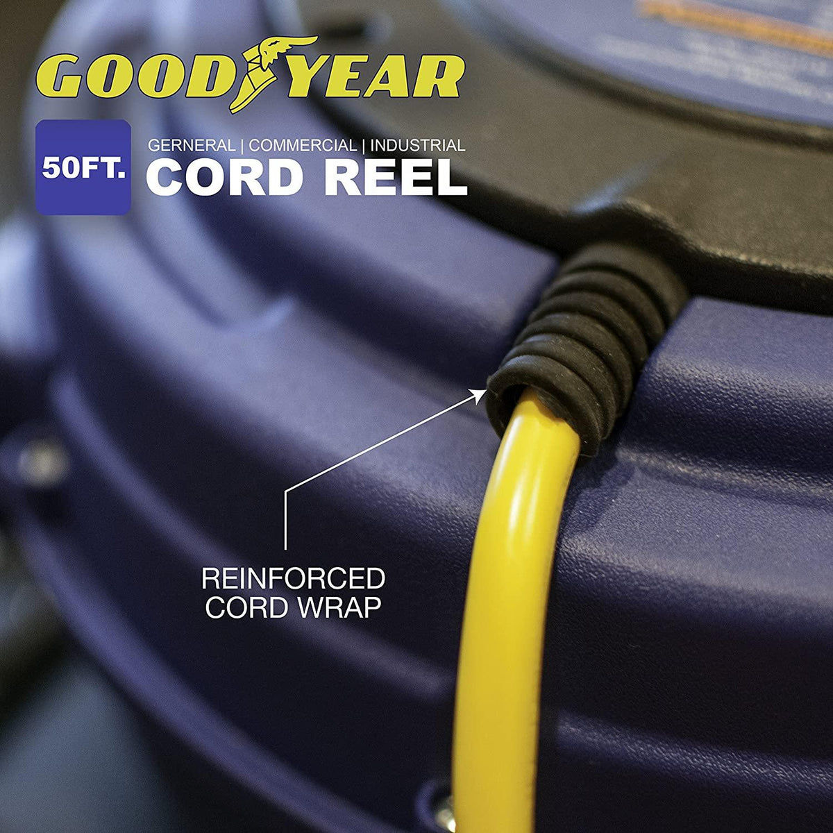 Goodyear Mountable Retractable Extension Cord Reel - 16AWG x 50' Ft, 3 Grounded Outlets, Max 15A