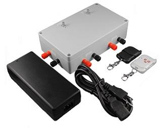 Photo of a DC control box and an AC power adapter on white background