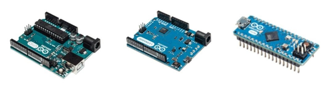 Microcontrollers Arduino Uno Rev3, Arduino Leonardo, and Arduino Micro