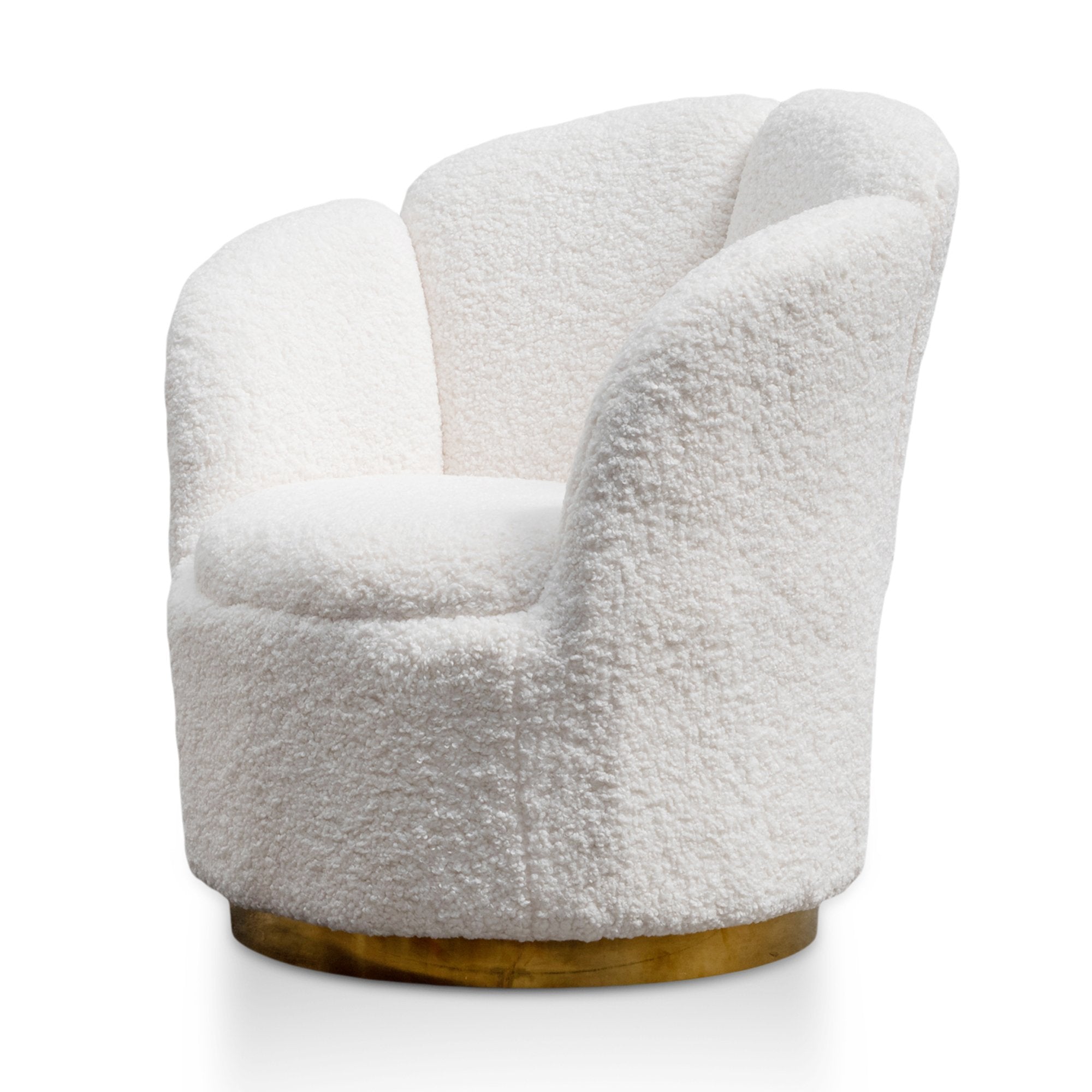 elmer lounge chair  white synthetic wool with brass gold base
