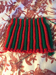 red and green ribbed tea cosy in progress