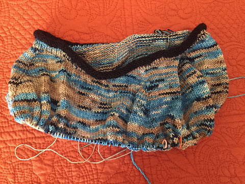 variegated blue and gray partially knit sweater