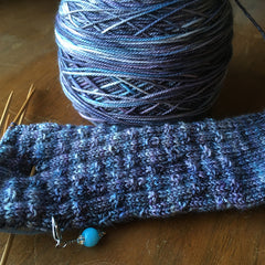 bluish purple, partially finished hand knit sock