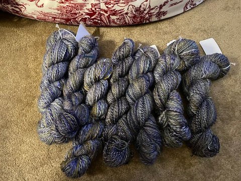 7 skeins of handspun in blues and purples