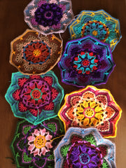 assorted crocheted octagons in bright colors