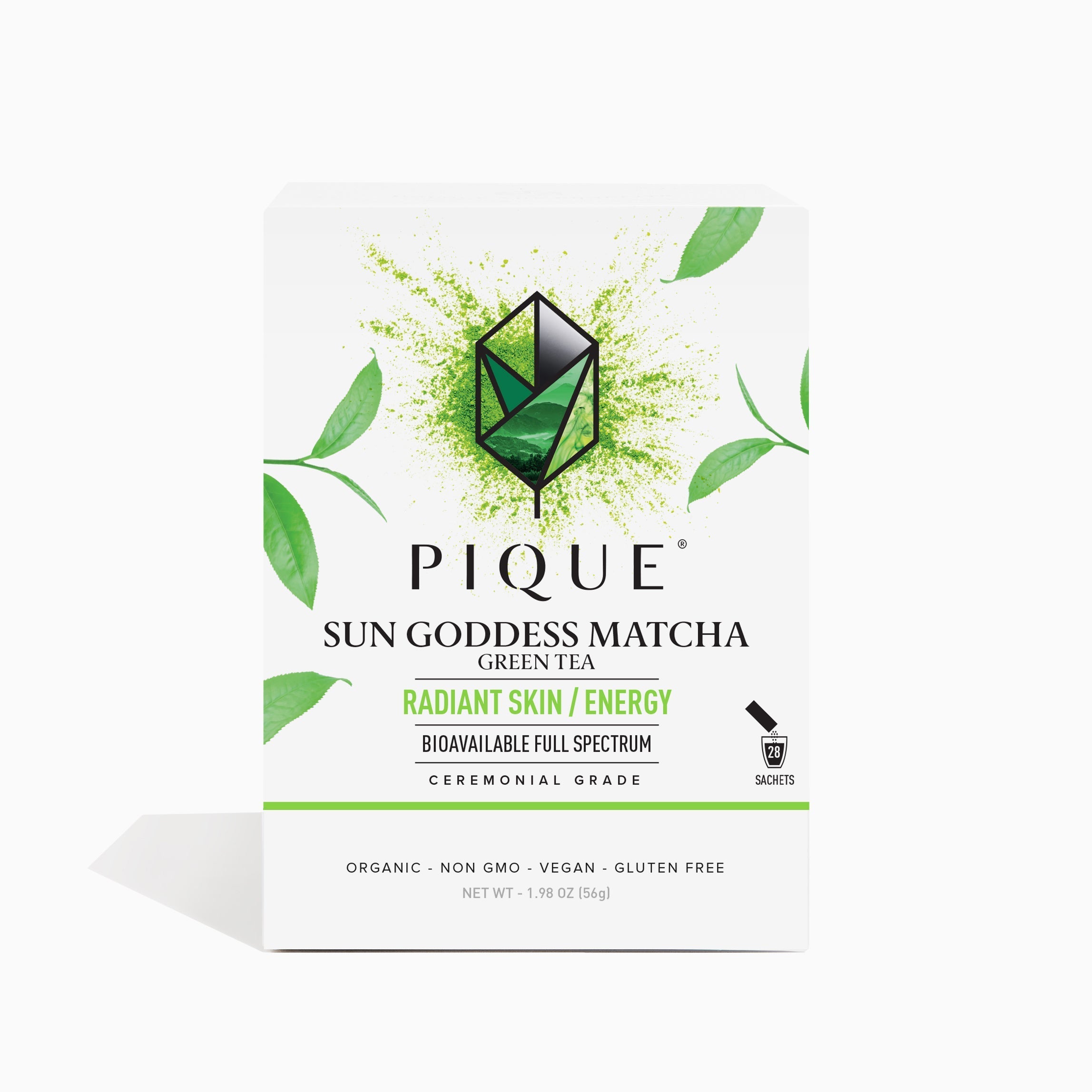  @ PIQUE SUN GODDESS MATCHA GREEN TEA ' RADIANT SKIN ENERGY BIOAVAILABLE FULL SPECTRUM CEREMONIAL GRADE SACHETS ORGANIC - NON GMO - VEGAN - GLUTEN FREE NET WT - 1.98 0Z 56g 