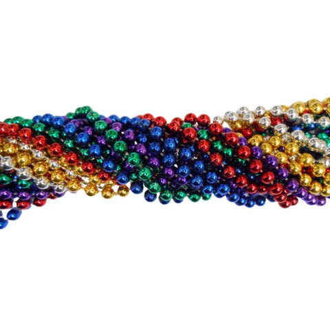 33" 7.5mm Round Metallic 6 Color Mardi Gras Beads - Case (60 Dozen