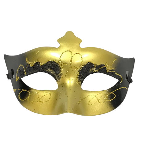 Metallic Gold Mask with Black Accents and Glitter and Ribbon Tie (Each Gras Spot