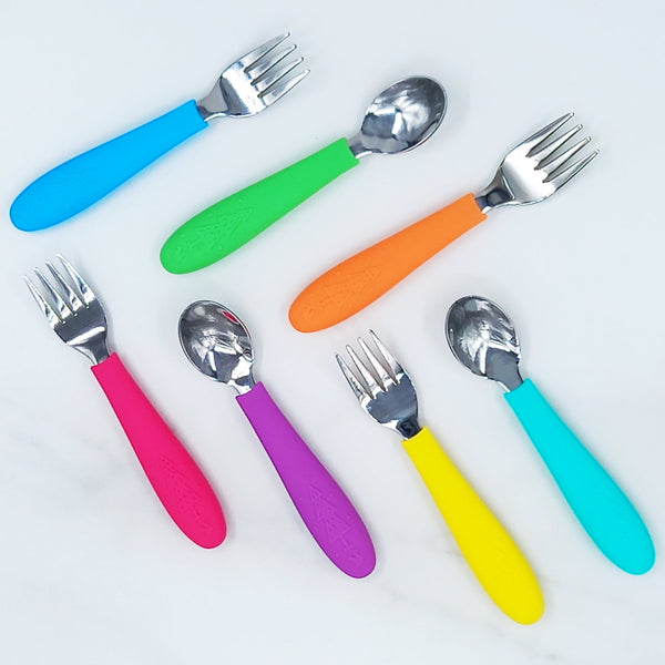 Toddler Utensils Set Spoon and Fork, Stainless Steel Baby Fork and Spoon  Set with Silicone Handles,for Toddlers 18 Months+, Children's Flatware Set