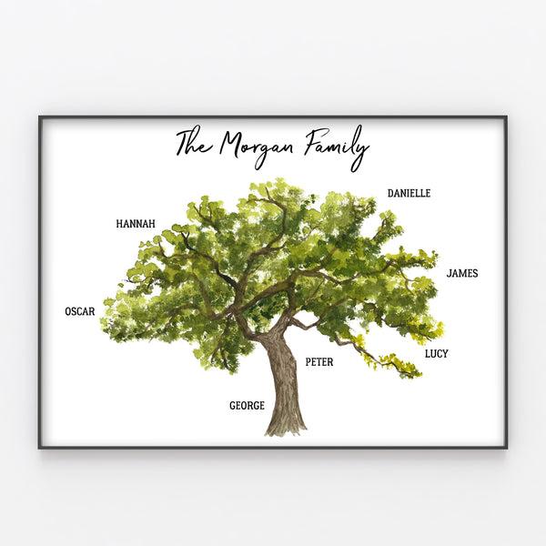 Family Tree Print, Personalised Oak Tree Wall Art Gift