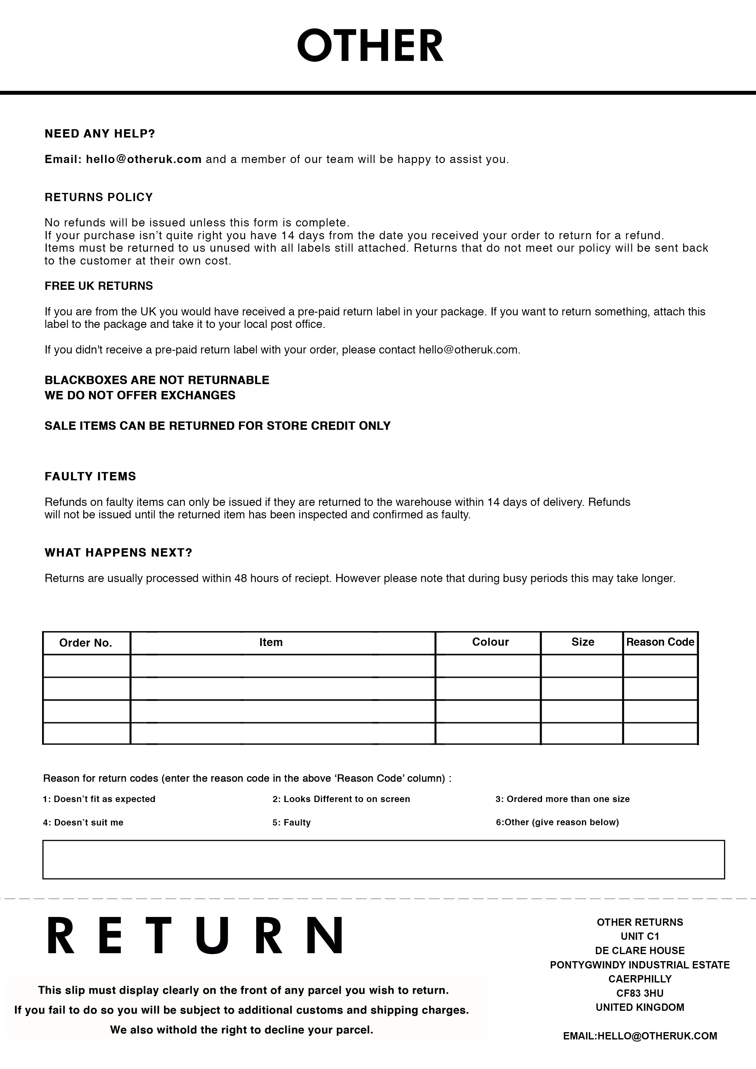 Return Form Template