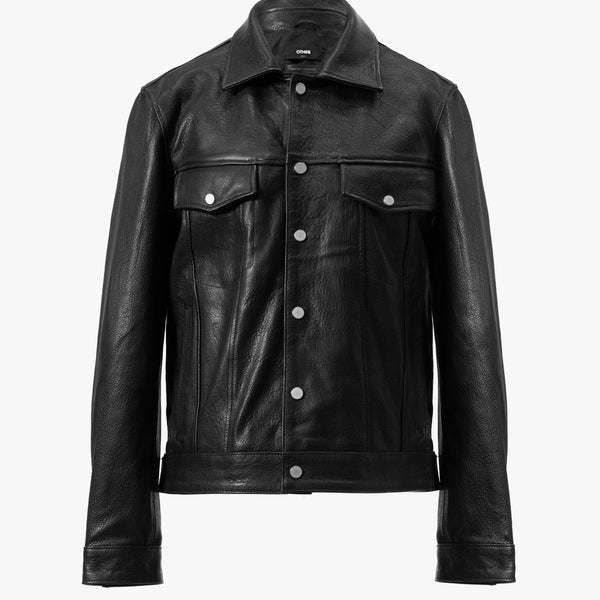 black leather trucker jacket