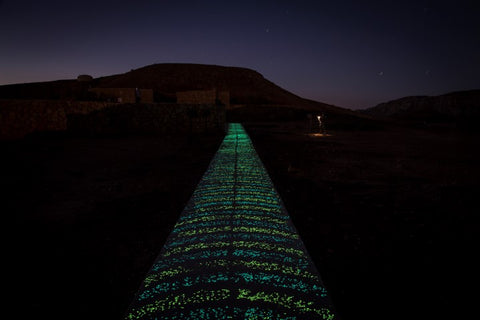 Straight on view of a glowing concrete pathway at night using 1/2" (12-14mm) AGT™ Emerald Yellow and Aqua Blue Glow Stones.