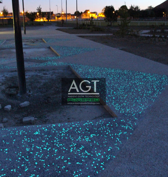 Glow in the dark concrete walkway powered by AGT™ Sky Blue Glow Stones and Aqua Blue Glow Stones.