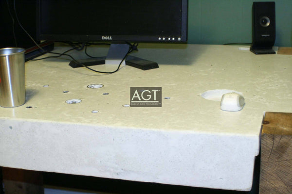 Very cool glowing work desk custom designed, powered by AGT™ Sky Blue Fine Glow Sand during the day.
