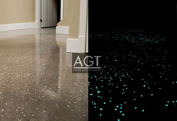 Day and night comparison of a polished concrete floor powered by AGT™ Commercial-Grade 1/2" Emerald Glow Rocks.