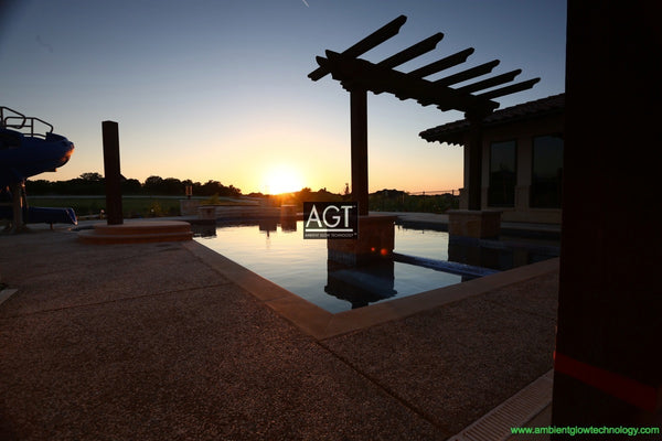 Amazing Glowing Pagoda and Pool Deck powered by AGT™ Glow Stones during sunset.