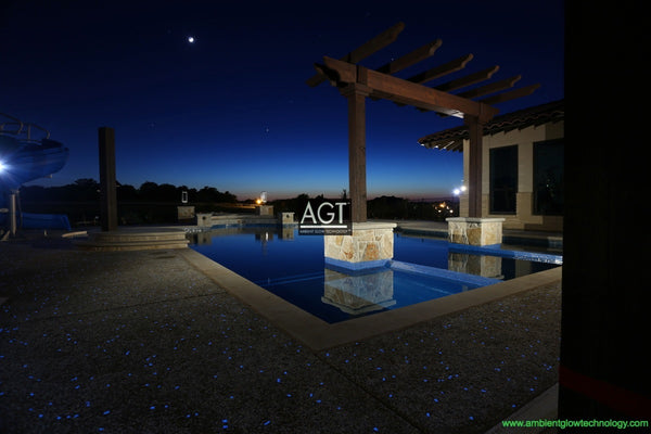 Amazing Glowing Pagoda and Pool Deck powered by AGT™ Glow Stones at night.