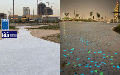 Day and night comparison of the 1/2" AGT™ Ultra Grade Glow Stones in Aqua Blue and Emerald Yellow at he Science Park Trail in Dubai, UAE