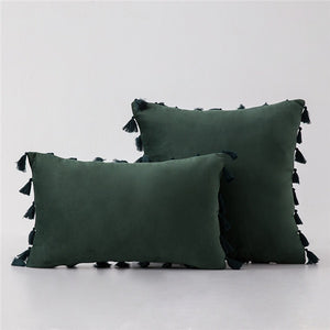 Dark Green Stylish Velvet Cushion Covers With Tassels - 18in x 18in and 12in x 20in
