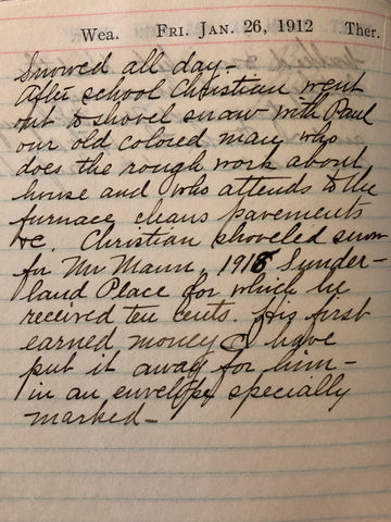 Photo of Amelia Heurich’s diary entry from January 26, 1912 about an employee named “Brown” who did “the rough work”  (Please note this entry features language that we would consider racist today.) 