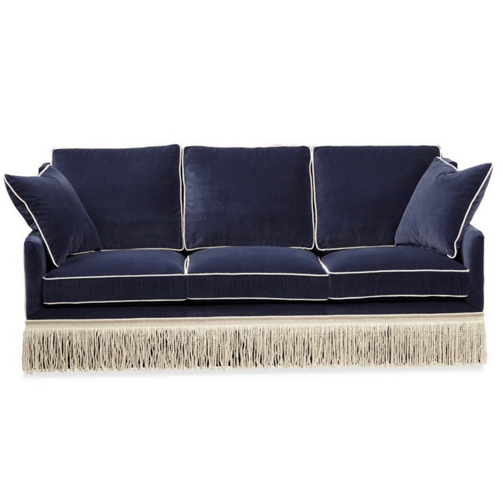 navy fringe velvet sofa